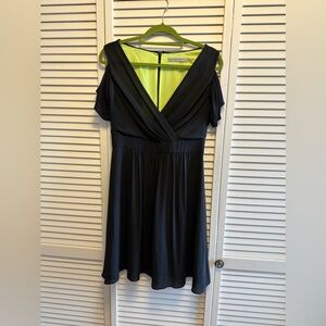 Marc New York Andrew Marc Black Off Shoulder Dress with Bright Green Lining.